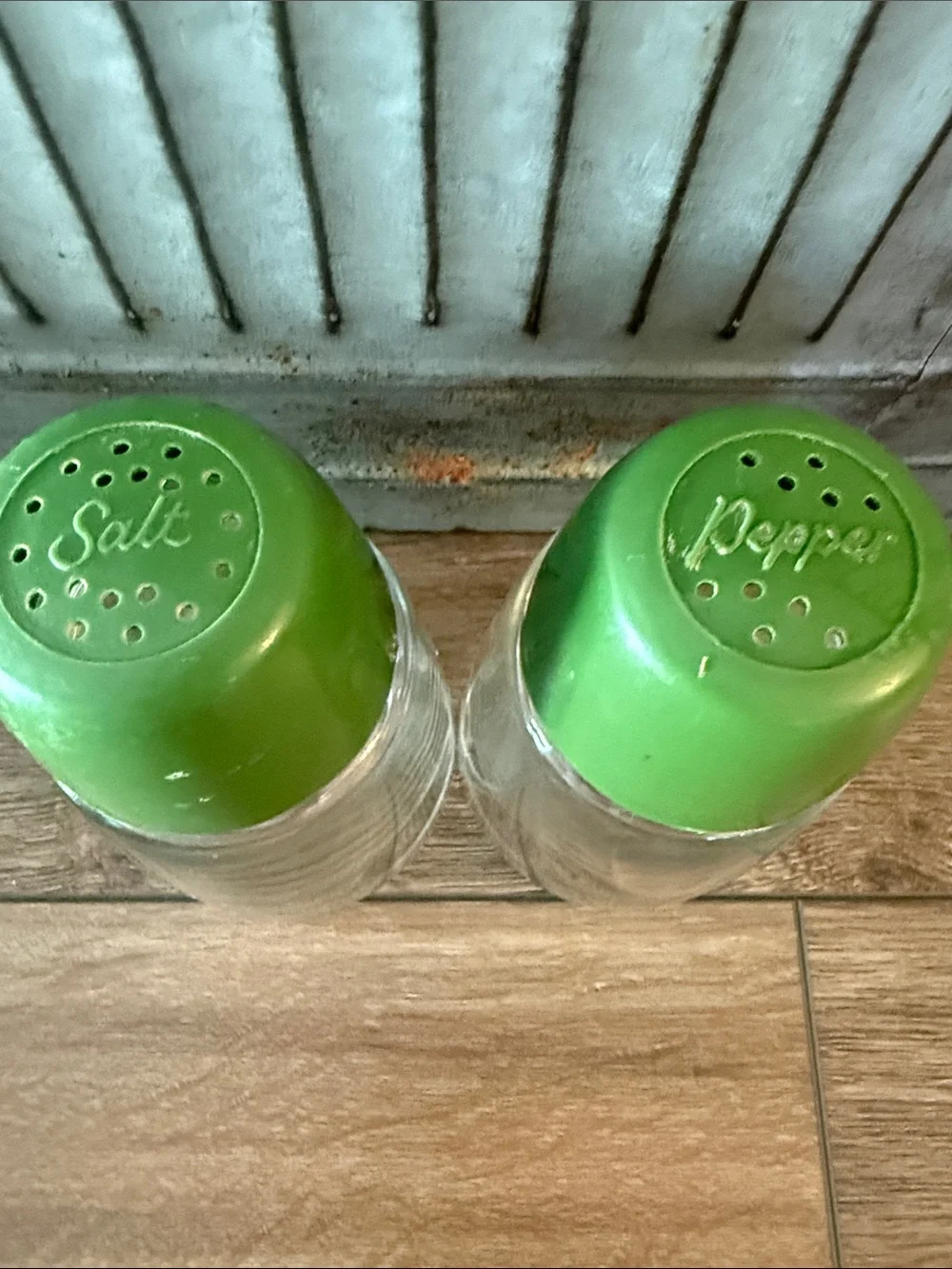 Vintage Federal Housewives Glass Salt and Pepper Shakers Avocado Green Tops